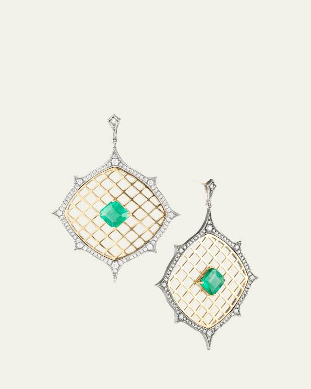 18K Yellow Gold and Oxidized Silver Emerald Lattice Earrings with Diamonds
